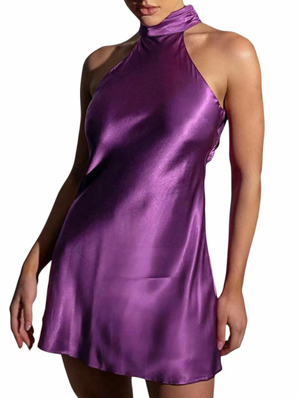 Party Dress - Halterneck Buttoned Large Backless Satin Dress