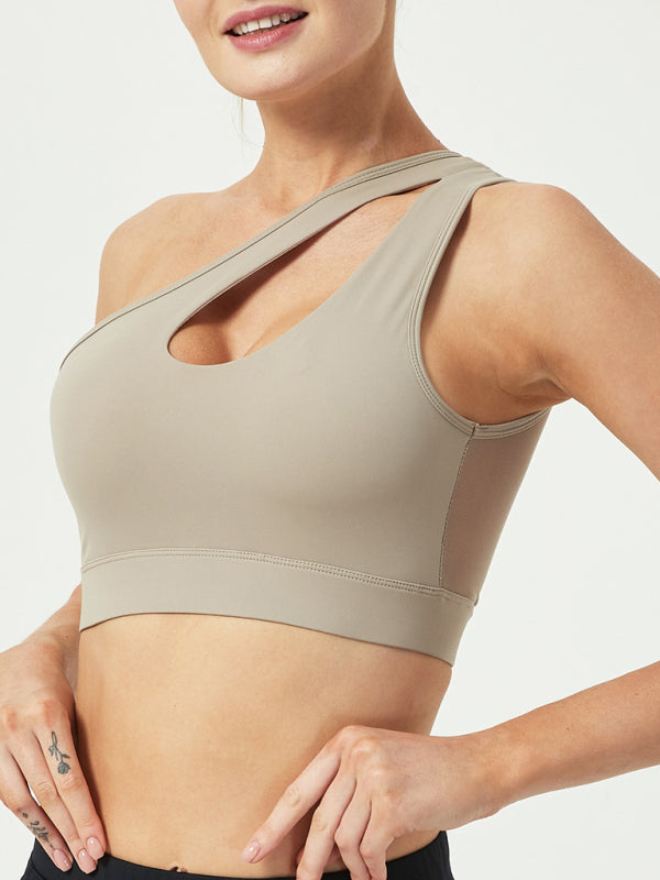 Mesh One Shoulder Shockproof Sports Bra