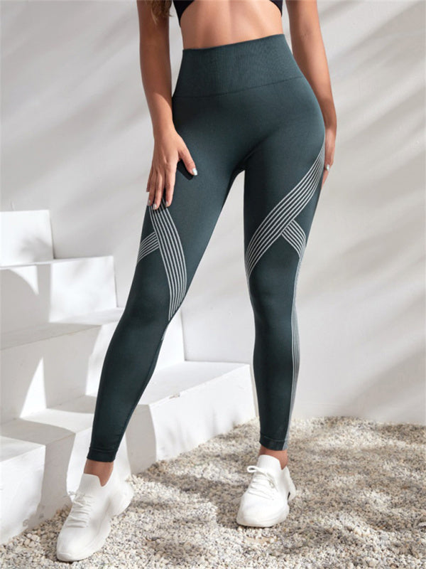 Sports Yoga Pants - Colour Contrasting Stripe High Waist Seamless