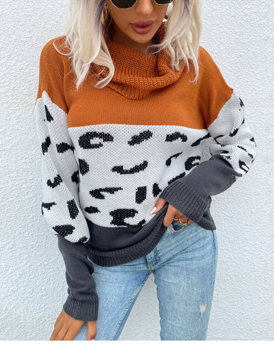 Pullover Sweater - Leopard Print Contrast Color Long Sleeve