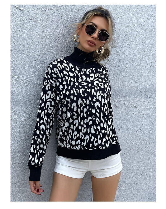 European and American Sweater - Turtleneck Jacquard Black Leopard Print
