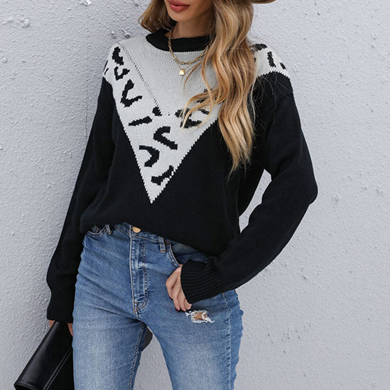 Lazy Sweater - Leopard Print Contrast Long Sleeve