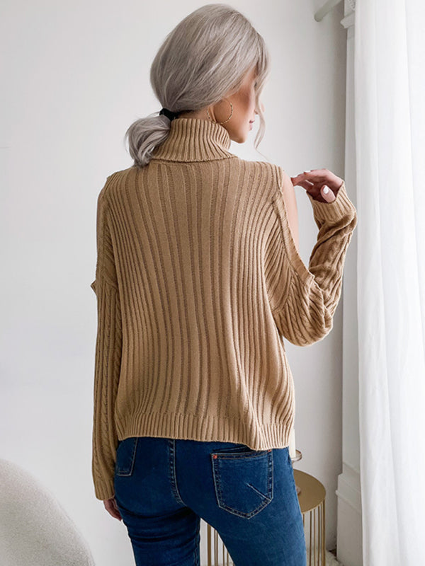 Sweater - Bottoming Turtleneck Solid Color Long-Sleeved Twist Off-Shoulder