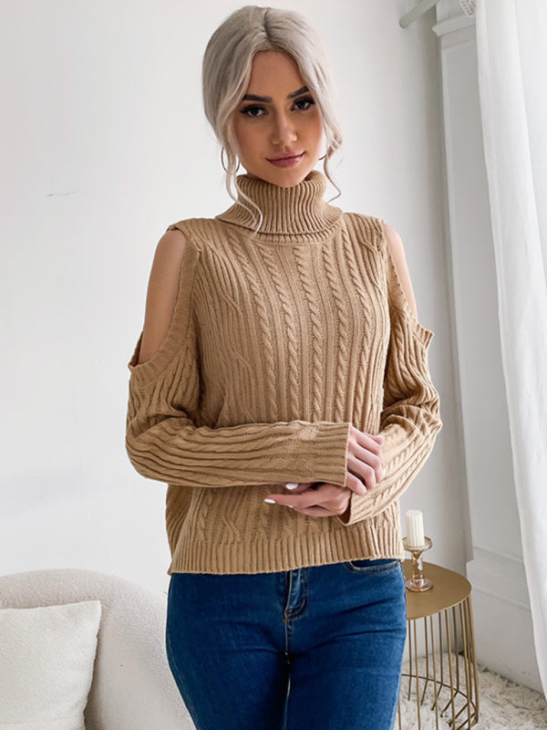 Sweater - Bottoming Turtleneck Solid Color Long-Sleeved Twist Off-Shoulder