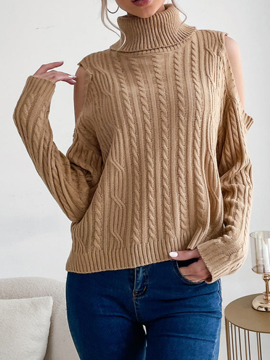 Sweater - Bottoming Turtleneck Solid Color Long-Sleeved Twist Off-Shoulder