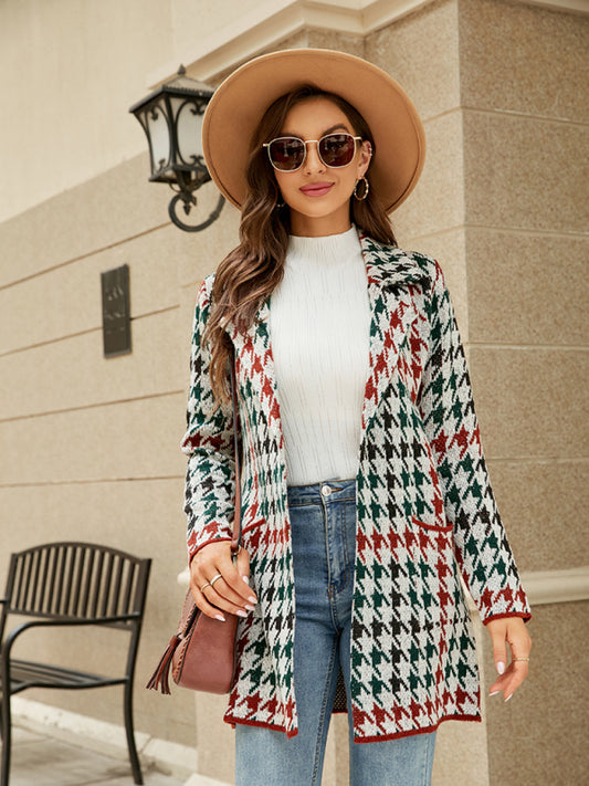 Cardigan - Houndstooth Lapel Knitted Cardigan