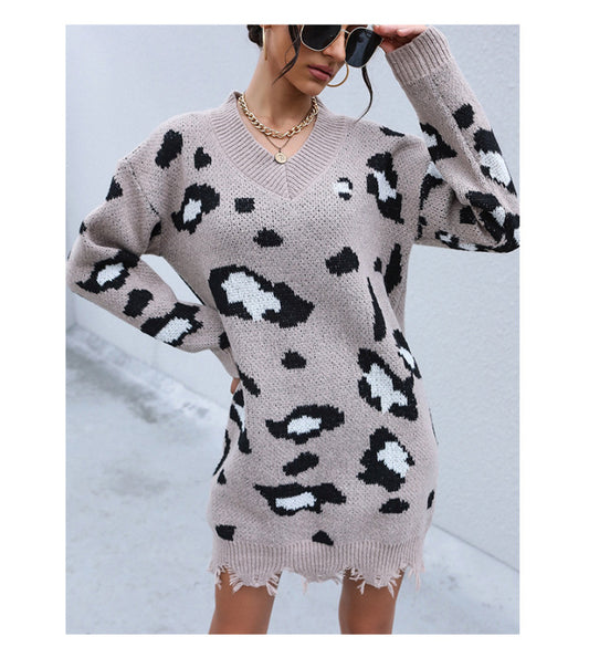 Shabby Leopard Sweater Dress - Knit Long Sleeve V-Neck