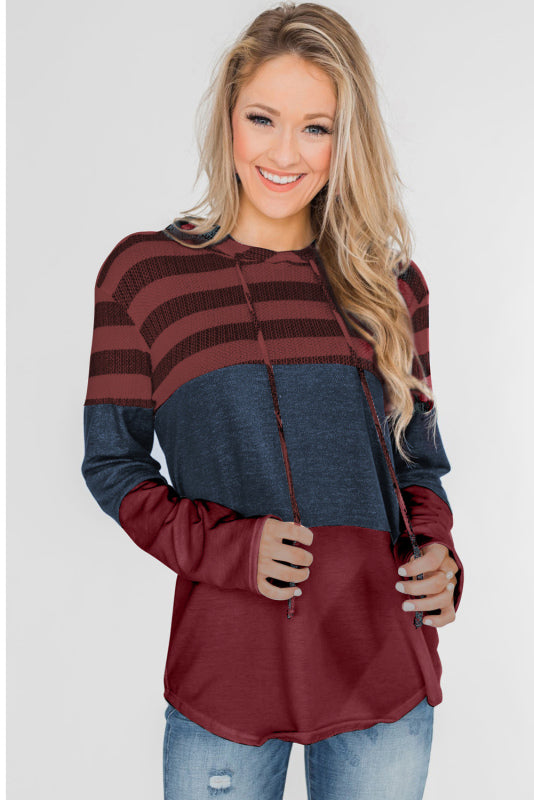 Women's  Loose Striped Contrast Long Sleeve Pullover Hoodie