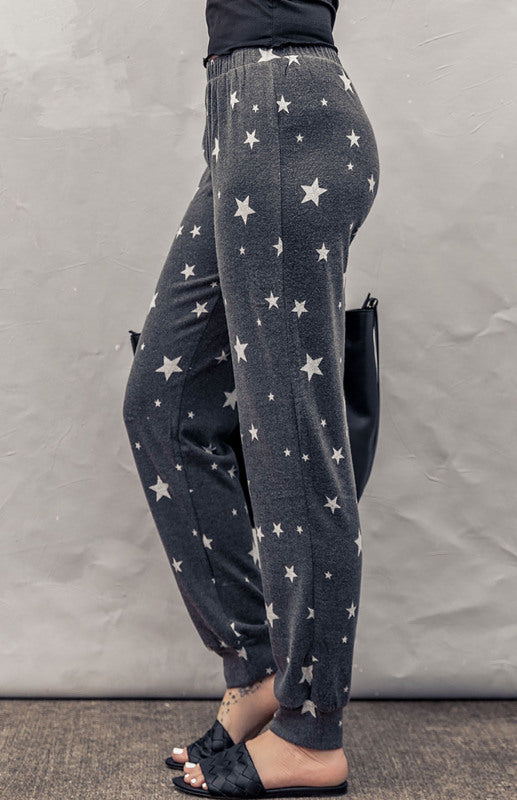 Gray Star Print Elastic Waist Joggers