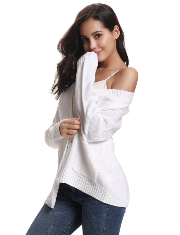 Women’s Long Sleeve Thick Knit Solid Color Front Button Up Cardigan