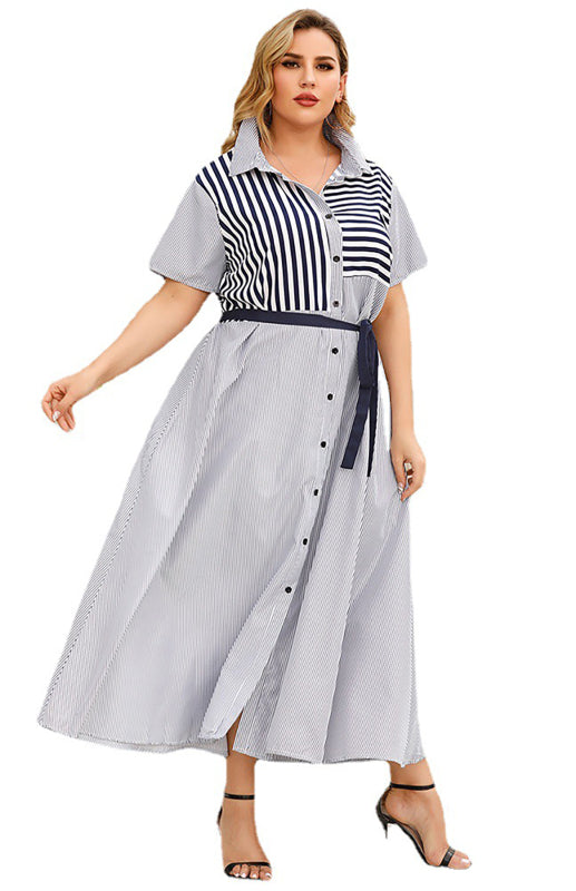 Women's Striped Short Sleeve Shirt Collar Dress