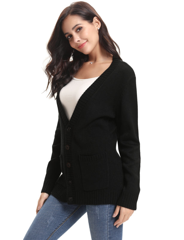 Women’s Long Sleeve Thick Knit Solid Color Front Button Up Cardigan