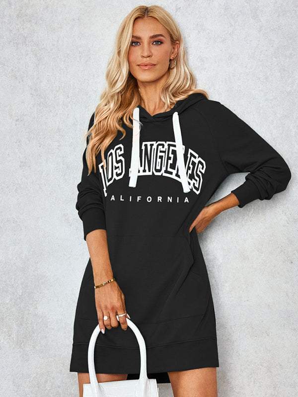 Women's lettered print hooded skirt dress