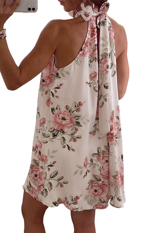 Women's Summer Flowers Strap Hanging Neck Collar Dress