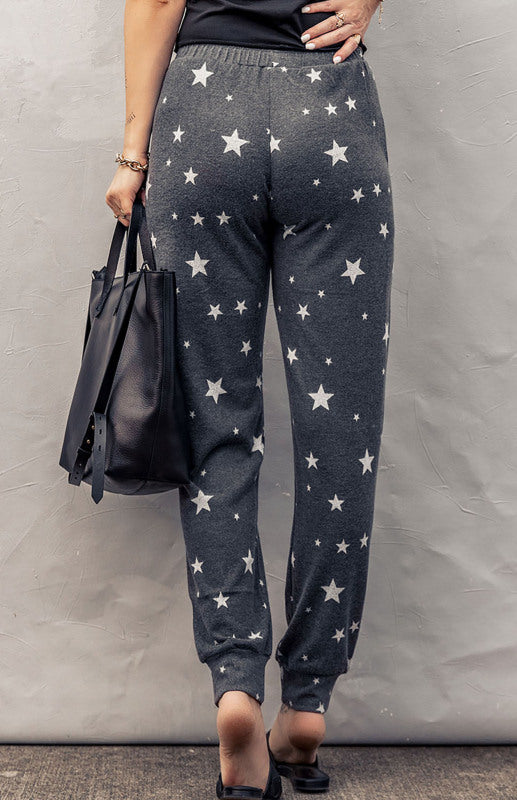 Gray Star Print Elastic Waist Joggers