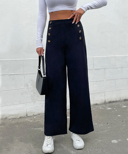 Trousers - High Waist Double Button Wide Leg