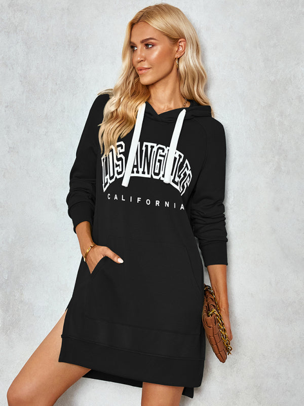 Women's lettered print hooded skirt dress