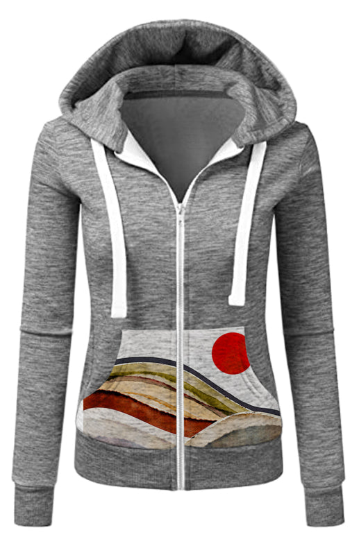 Ladies Casual Fashion Printed Hooded Cardigan Sweatshirt