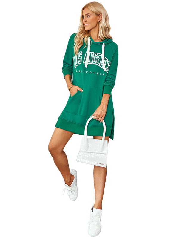 Women's lettered print hooded skirt dress