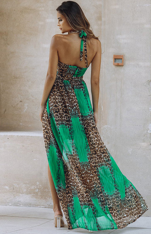 Leopard Print Open Back Chiffon Big Bohemian Long Dress