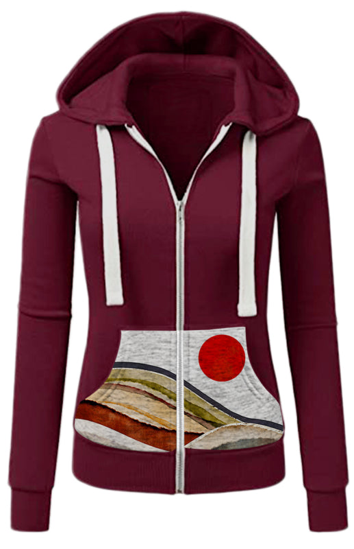 Ladies Casual Fashion Printed Hooded Cardigan Sweatshirt