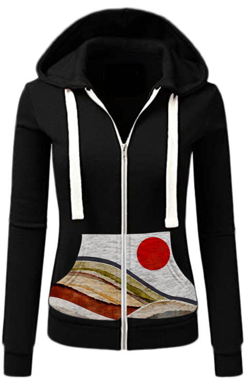 Ladies Casual Fashion Printed Hooded Cardigan Sweatshirt