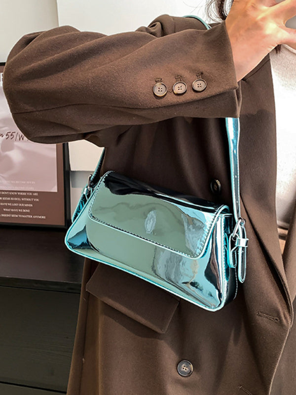 Shoulder Bag - Fashion Patent Leather Ladies Baguette Texture Glossy