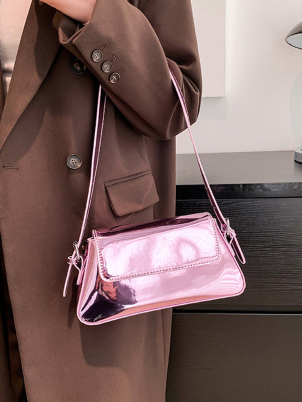 Shoulder Bag - Fashion Patent Leather Ladies Baguette Texture Glossy