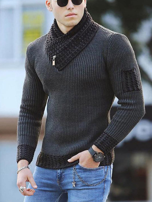 Men’s Shawl Pullover Ribbed Collar Cuffs And Hem With Zipper Sweater