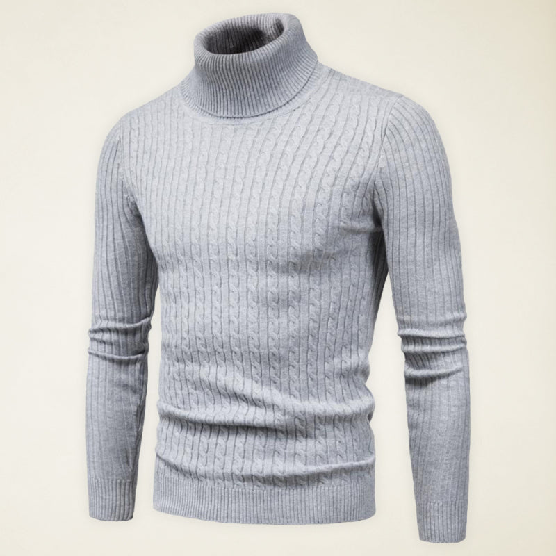 Men’s Solid Color Rolled Turtleneck Long Sleeve Rib Texture Sweater