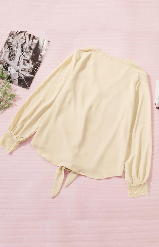 Women's V-Neck Lace Patchwork Solid Color Tie Loose Long Sleeve Chiffon Shirt