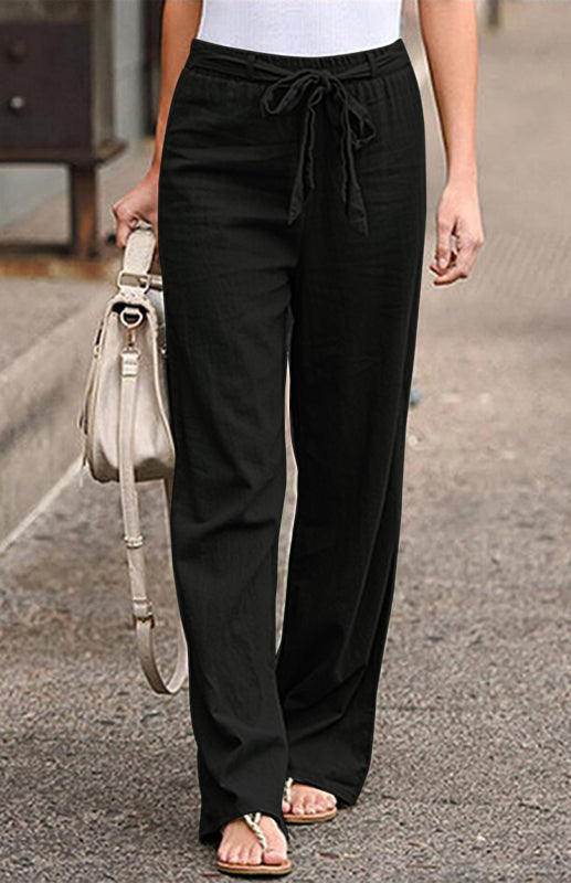 Women's European And American Elastic Waist Solid Color Belt Loose Trousers