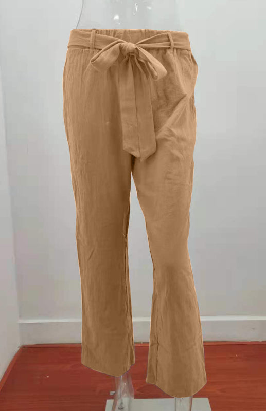 Women's European And American Elastic Waist Solid Color Belt Loose Trousers