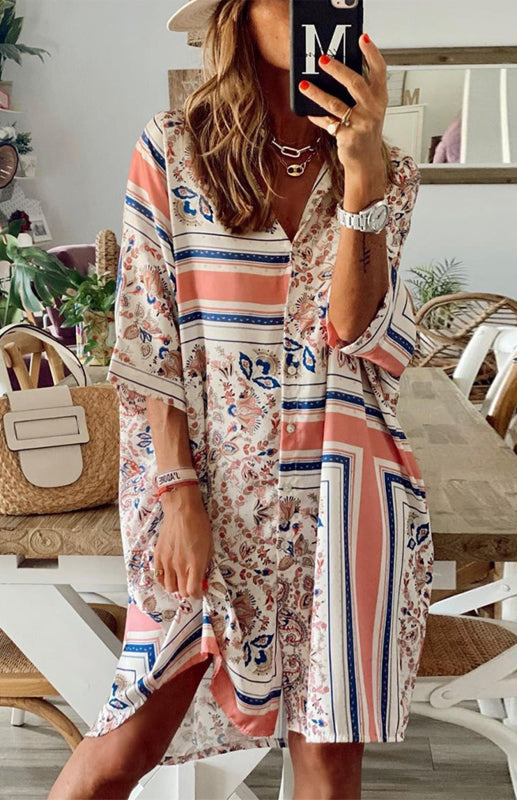 Women's Polo Dress With Loose Geometric Pattern Collar And Three-Quarter Sleeves
