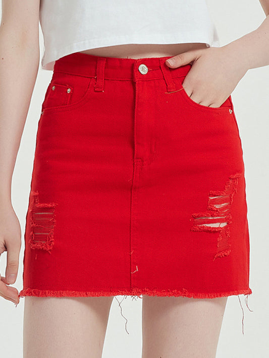 Denim Skirt -  High Waist Ripped Hole Bag Hip