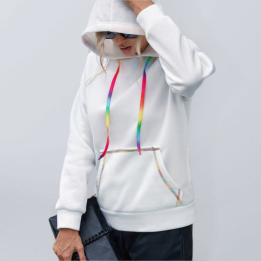 Loose Casual Hooded Rainbow Web Colorblock Top