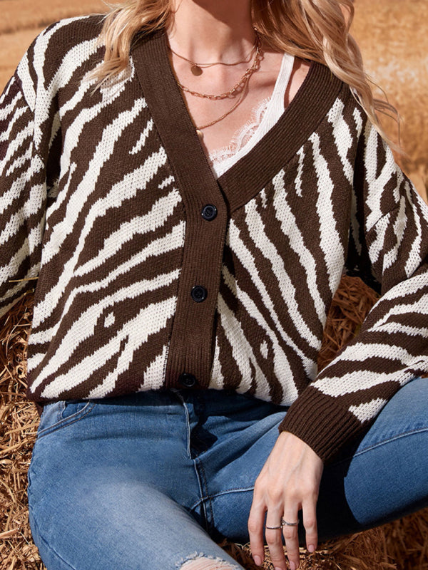 Women's Casual Zebra Print Long Sleeve Knit Sweater