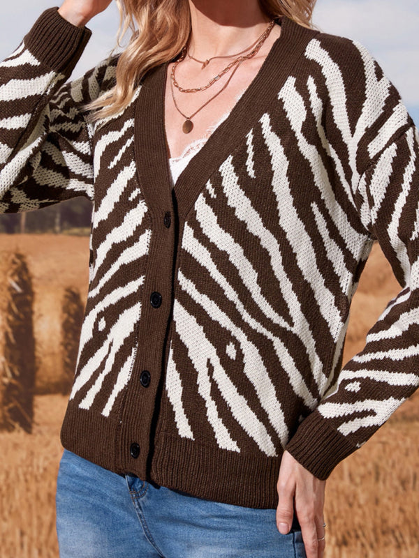 Women's Casual Zebra Print Long Sleeve Knit Sweater