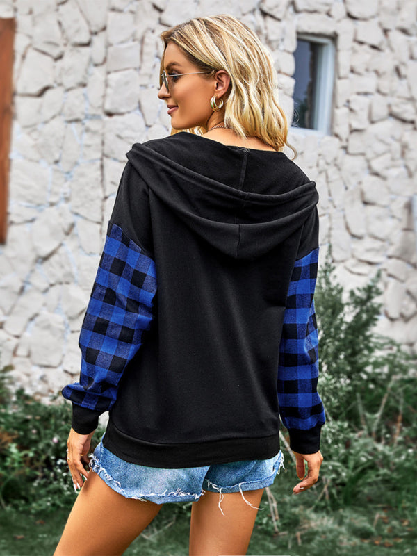 Women's Casual Plaid Panel Hooded Loose Top