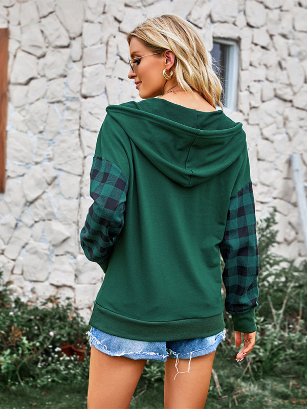 Women's Casual Plaid Panel Hooded Loose Top
