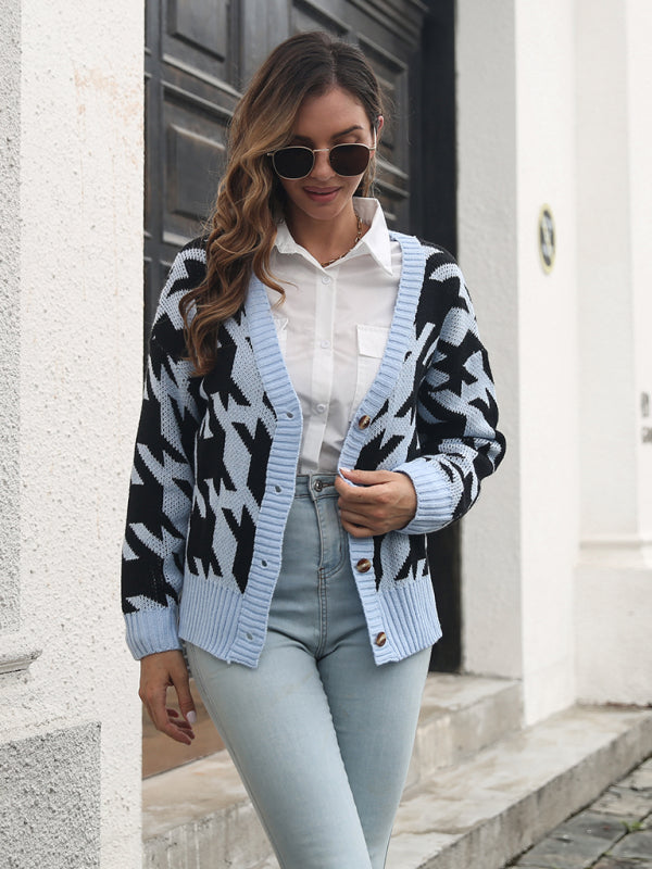 Women's thousand bird check breasted loose knit cardigan sweater