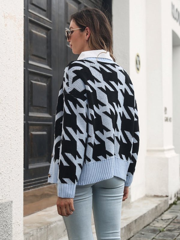Women's thousand bird check breasted loose knit cardigan sweater