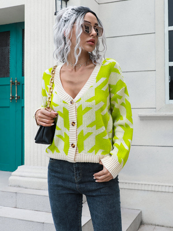 Women's thousand bird check breasted loose knit cardigan sweater