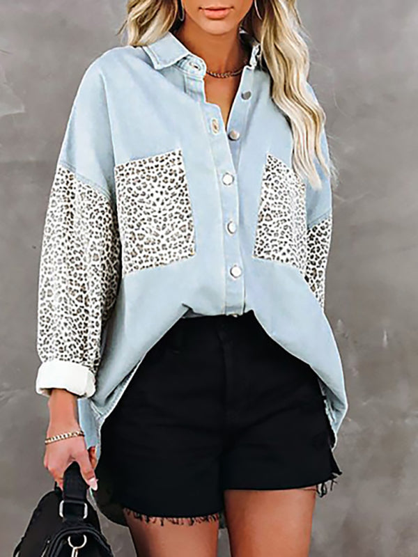 Women's Long Sleeve Pocket Leopard Print Lapel Cardigan Top