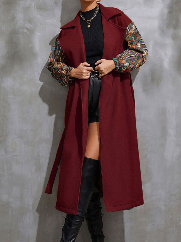 Long Collared Overcoat - Patchwork Sleeves & Front Waist Tie