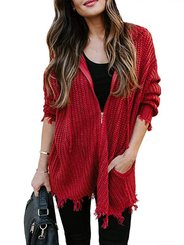 Women's Hooded Mid Zip Fringe Sweater Jacket