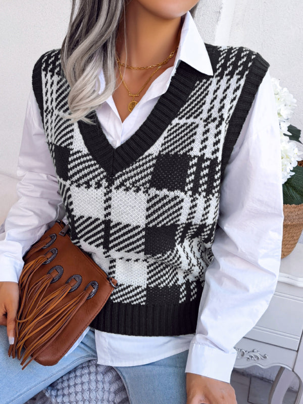 Women s casual contrast color Plaid knitted vest Sweater Vest