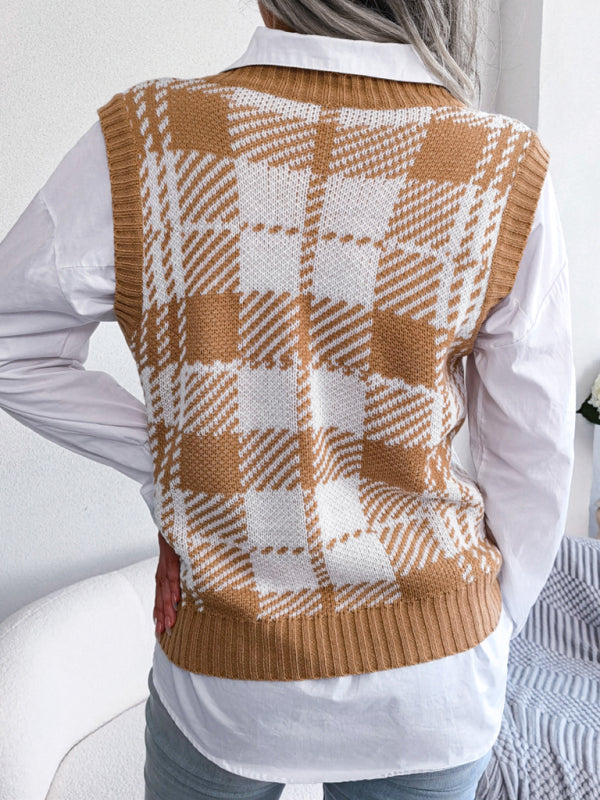 Women s casual contrast color Plaid knitted vest Sweater Vest