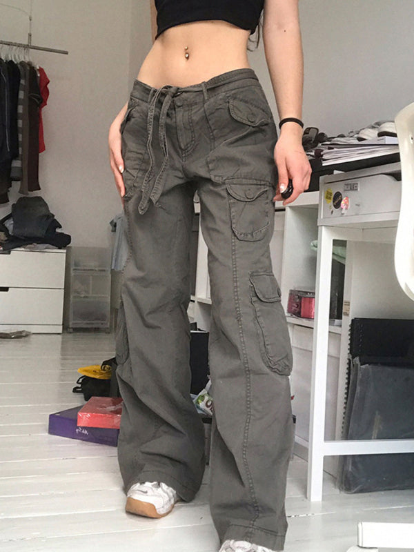 Denim Style Trousers - Multi-pocket Low Waist Loose Fitting