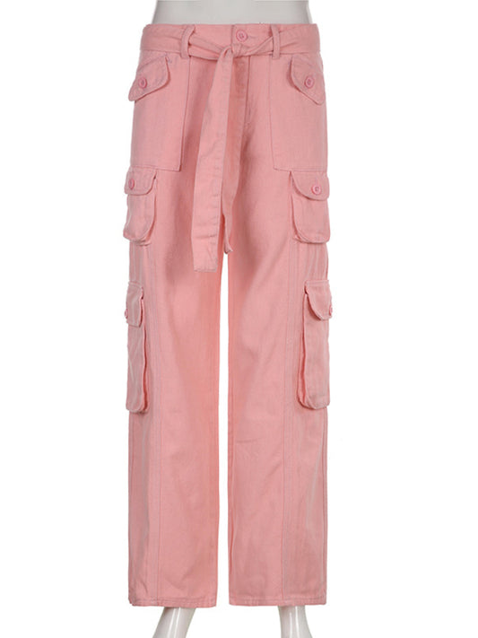 Denim Style Trousers - Multi-pocket Low Waist Loose Fitting